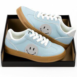 Kids Smiley Face Sneakers Light Blue Shoes – Cute Casual Comfort Gum Sole